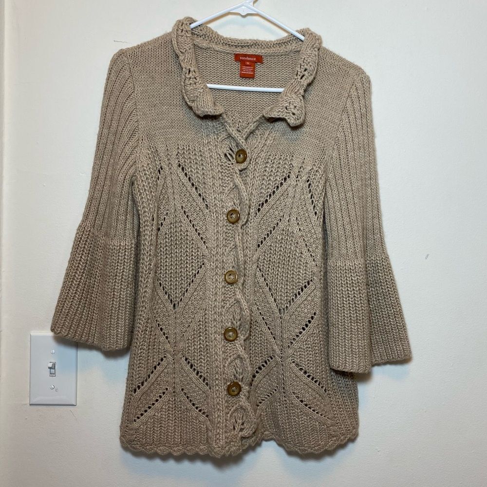 SUNDANCE Alpaca/Acrylic Open Knit 3/4 Sleeve Cardigan Sweater Brown Sz Small